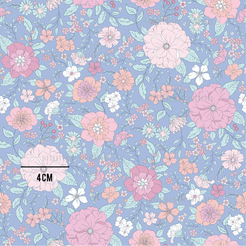 a blue background with pink and white flowers