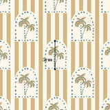 The image is a repeating pattern of arched shapes with palm trees and dots on a striped background.
