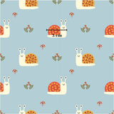 a repeating pattern of cartoon-style snails and mushrooms on a light blue background.