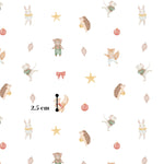 a repeating pattern of various cartoon animal characters, including a rabbit, a bear, a hedgehog, a cat, a mouse, and a bird, along with some decorative elements such as stars and ornaments.