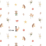 a repeating pattern of various cartoon animal characters, including a rabbit, a bear, a hedgehog, a cat, a mouse, and a bird, along with some decorative elements such as stars and ornaments.