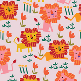 a pattern of lions and flowers on a pink background