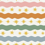 a repeating pattern of wavy lines and yellow stars on a white background.