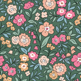 The image is a repeating pattern of various colorful flowers and leaves against a dark green background.