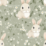 a repeating pattern of cartoon rabbits surrounded by white flowers and greenery against a light green background.
