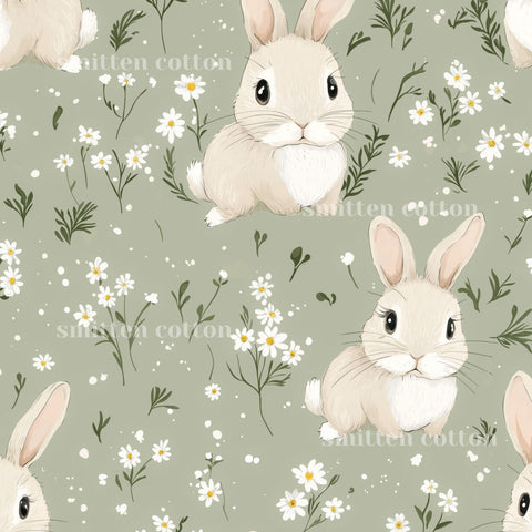 a repeating pattern of cartoon rabbits surrounded by white flowers and greenery against a light green background.