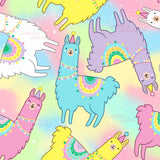 The image is a vibrant and whimsical collage of cartoon llamas in various colors and poses, including one wearing a party hat.