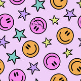 a repeating pattern of smiley faces and stars on a pink background.