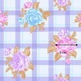 a repeating pattern of blue and pink roses on a purple and blue checkered background.