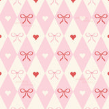 a repeating pattern of pink diamonds, red hearts, and bows on a light pink background.