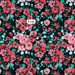 The image is a vibrant floral pattern with a variety of pink and red flowers against a dark green background. The pattern is detailed and intricate, showcasing the beauty of the flowers.