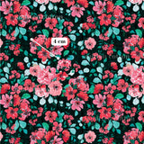The image is a vibrant floral pattern with a variety of pink and red flowers against a dark green background. The pattern is detailed and intricate, showcasing the beauty of the flowers.