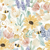 The image is a vibrant and colorful pattern featuring various flowers, leaves, and bees. The flowers are depicted in different shades of yellow, pink, and white, with some having a watercolor-like texture. The leaves are depicted in shades of green and brown, and the bees are shown in black and yellow. The overall composition creates a lively and dynamic visual experience.