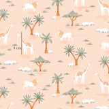 a pink background with giraffes and palm trees