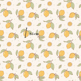 a repeating pattern of lemons and leaves, with the lemons being the main focus. The pattern is composed of various shades of yellow and green, and the lemons are depicted in different sizes and orientations. The image does not contain any text or other discernible objects or actions.