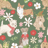 The image is a seamless pattern featuring various cartoon-style dogs in different poses and accessories, such as hats, scarves, and flowers, against a green background.