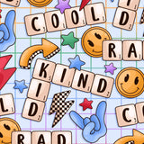The image is a collage of various colorful and playful elements, including Scrabble tiles, smiley faces, stars, and lightning bolts, arranged in a visually engaging manner.