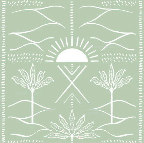 a green background with white designs on it