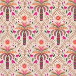 a repeating pattern of palm trees, flowers, and sun motifs in shades of pink, orange, and green.