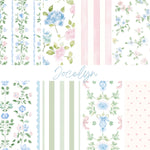 The image is a collage of various floral and striped patterns, including blue flowers, green and white stripes, and pink flowers. The patterns are arranged in a grid format, showcasing a diverse range of designs.