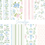The image is a collage of various floral and striped patterns, including blue flowers, green and white stripes, and pink flowers. The patterns are arranged in a grid format, showcasing a diverse range of designs.