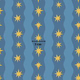 a repeating pattern of yellow stars on a blue background, with a measurement line indicating the size of the pattern.