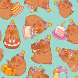 The image is a repeating pattern of cartoon-style illustrations of brown bears wearing party hats and holding various birthday-themed items, such as cakes, balloons, and presents.