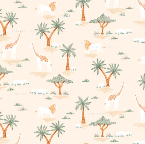 a pattern of giraffes, palm trees, and giraffes