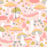 The image is a vibrant and whimsical pattern featuring a variety of colorful mushrooms in shades of pink, yellow, and green against a pink background. The mushrooms are arranged in a playful and imaginative manner, creating a visually engaging and lively scene.