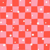 a pattern of pink and white squares with white stars scattered throughout, creating a visually striking and playful design.