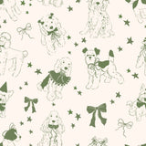 a repeating pattern of stylized illustrations of dogs, including poodles and terriers, along with green bows and stars.