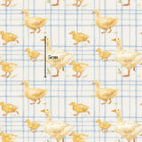The image is a repeating pattern of yellow ducks on a blue and white checkered background.