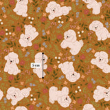 a repeating pattern of small white poodle illustrations against a background of colorful flowers and leaves.