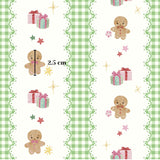The image is a repeating pattern of small gingerbread man figures, gift boxes, and stars on a green and white checkered background.