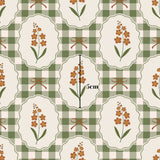 The image is a repeating pattern of a green and white checkered background with a central oval frame containing a single orange flower. The pattern is composed of multiple smaller images of the same floral design, creating a visually cohesive and harmonious design.