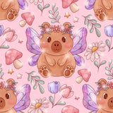The image is a seamless pattern featuring a cute brown bear with wings, flowers, and mushrooms against a pink background.