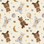 a repeating pattern of cartoon-style teddy bears and other playful objects, such as a balloon, against a light background with stars and a crescent moon.