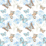 a repeating pattern of blue and brown butterflies against a white background, with some flowers interspersed throughout the pattern.