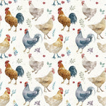 a pattern of chickens and roosters on a white background