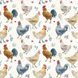 a pattern of chickens and roosters on a white background