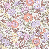 The image is a repeating pattern of various colorful flowers and leaves, including pink, purple, yellow, and orange flowers, along with green leaves. The pattern is composed of multiple individual images, creating a visually appealing and harmonious design.
