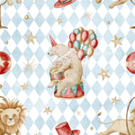 The image is a whimsical and playful depiction of a circus scene, featuring a bear sitting on a circus wagon, surrounded by various circus elements such as balloons, stars, and a lion.
