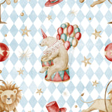 The image is a whimsical and playful depiction of a circus scene, featuring a bear sitting on a circus wagon, surrounded by various circus elements such as balloons, stars, and a lion.