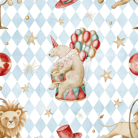 The image is a whimsical and playful depiction of a circus scene, featuring a bear sitting on a circus wagon, surrounded by various circus elements such as balloons, stars, and a lion.