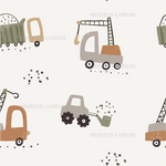 a white background with a pattern of trucks and tractors