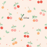 a repeating pattern of various colored cherries and leaves on a light background.
