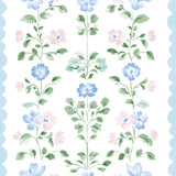 a repeating pattern of blue and pink flowers with green leaves, creating a visually appealing and harmonious design.