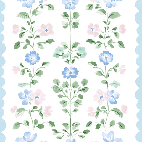 a repeating pattern of blue and pink flowers with green leaves, creating a visually appealing and harmonious design.