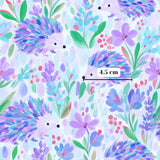 The image is a vibrant and colorful pattern featuring various flowers, leaves, and hedgehog illustrations. The pattern is filled with a variety of colors, including shades of purple, blue, green, and pink. The hedgehogs are depicted in different poses, adding a playful and whimsical touch to the overall design. The image is a lively and visually appealing composition, showcasing the beauty of nature and the creativity of the artist.