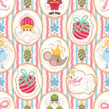 The image is a seamless pattern featuring various Christmas-themed cookies and decorations, including Santa Claus, a mouse wearing a crown, a swan, and other festive elements.